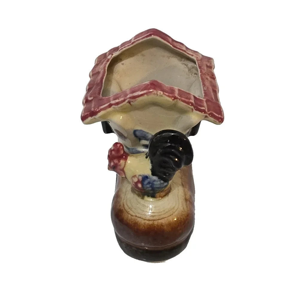 Vintage Made In Occupied Japan 4.25” Ceramic Shoe/Boot House Planter W/Rooster